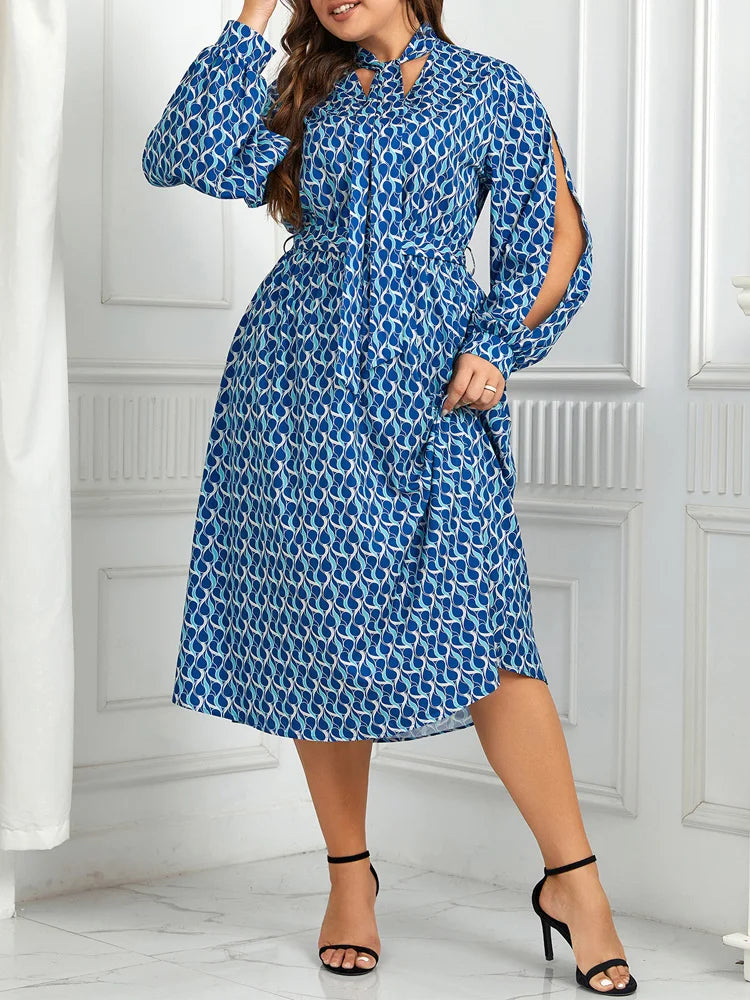 Gibsie Bow Tie Neck Belted Print Long Dress