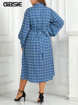 Gibsie Bow Tie Neck Belted Print Long Dress