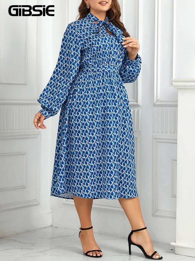 Gibsie Bow Tie Neck Belted Print Long Dress