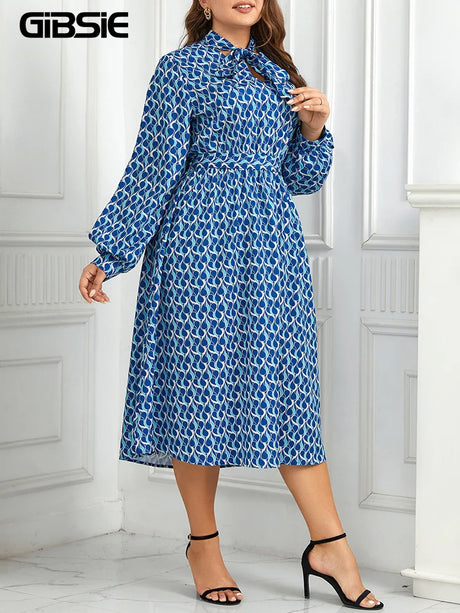 Gibsie Bow Tie Neck Belted Print Long Dress