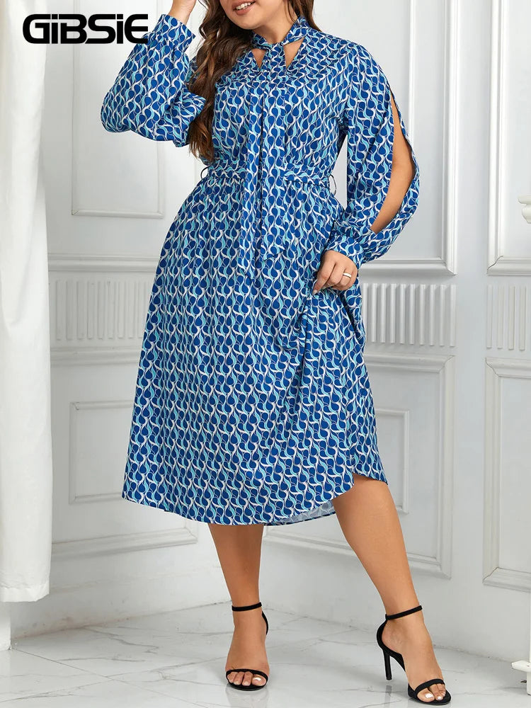 Gibsie Bow Tie Neck Belted Print Long Dress