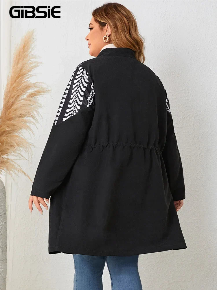 Gibsie Ethnic Print Black Mid Long Coat Women