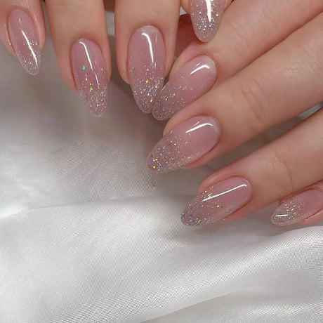 Glitter Pink Fake Nails Press On Short French