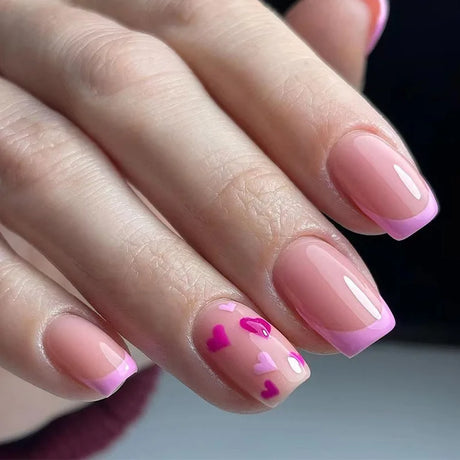 Glitter Pink Fake Nails Press On Short French