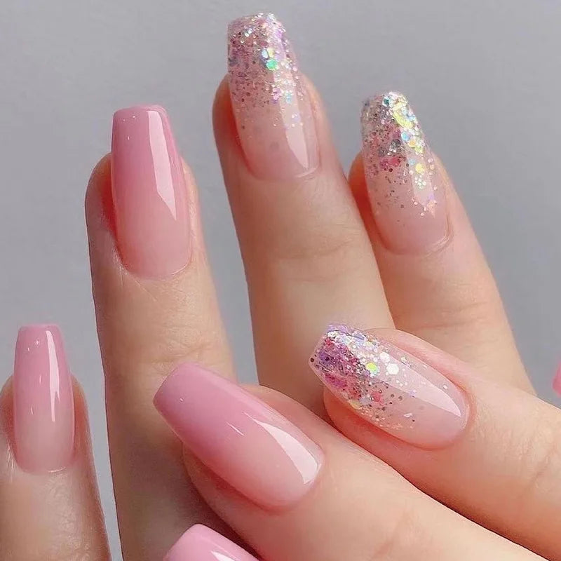 Glitter Pink Fake Nails Press On Short French