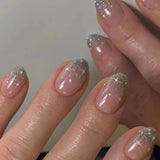 Glitter Pink Fake Nails Press On Short French