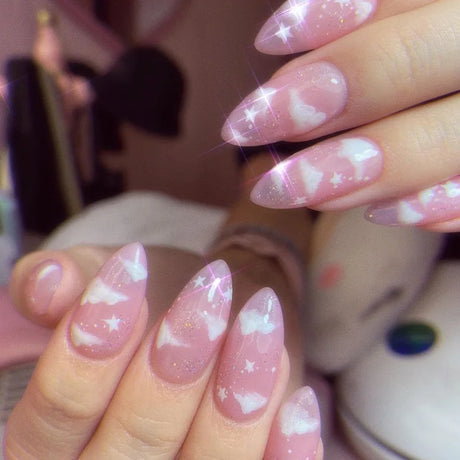 Glitter Pink Fake Nails Press On Short French