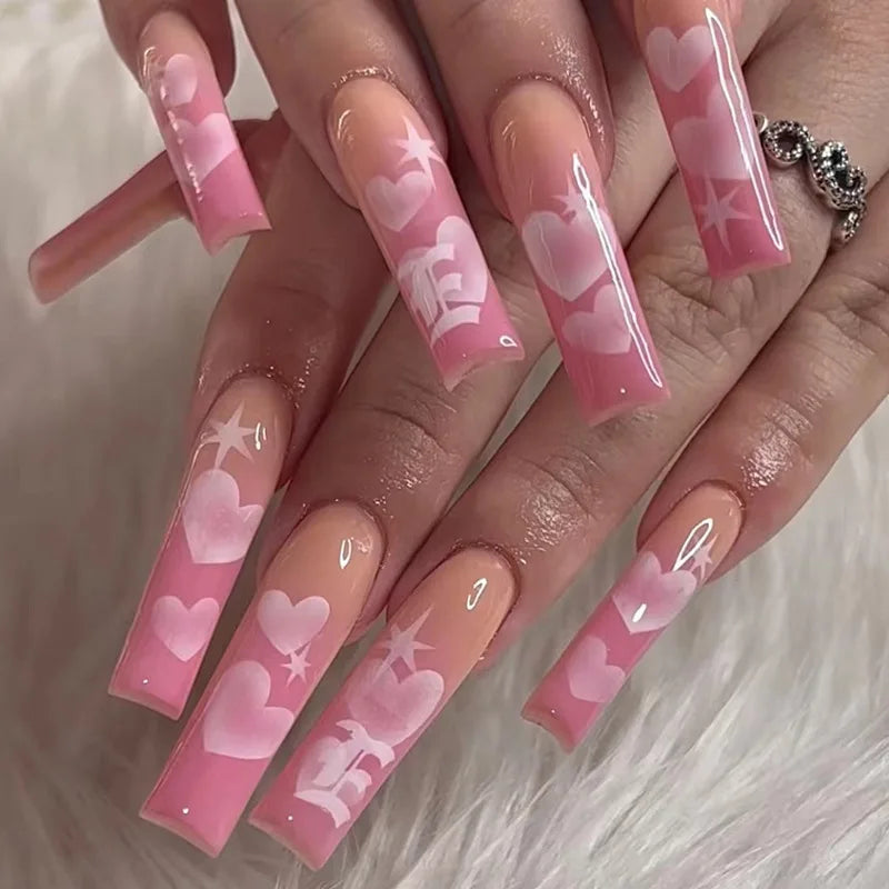 Glitter Pink Fake Nails Press On Short French