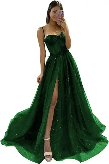 Glitter Tulle Ruffled Prom Dress Long Ball Gown