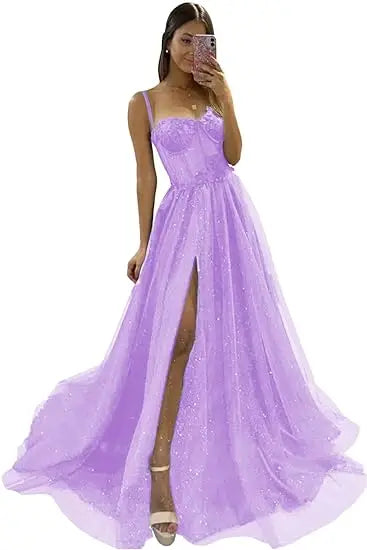 Glitter Tulle Ruffled Prom Dress Long Ball Gown