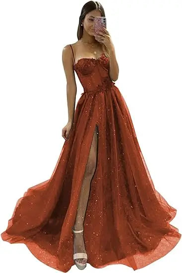 Glitter Tulle Ruffled Prom Dress Long Ball Gown