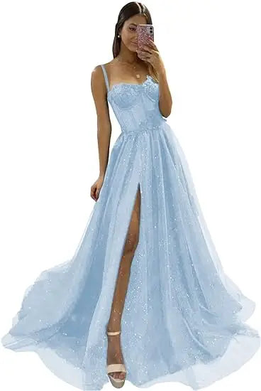 Glitter Tulle Ruffled Prom Dress Long Ball Gown