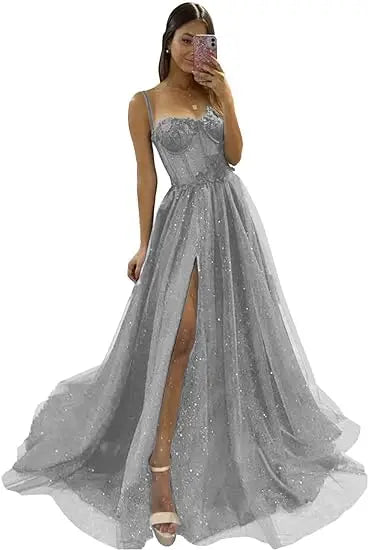 Glitter Tulle Ruffled Prom Dress Long Ball Gown