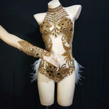 Sparkly Silver Crystals Mesh Bodysuit Women Feather Leotard