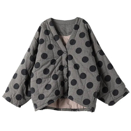 Johnature Women Polka Dot Parkas V-Neck Bat Sleeve