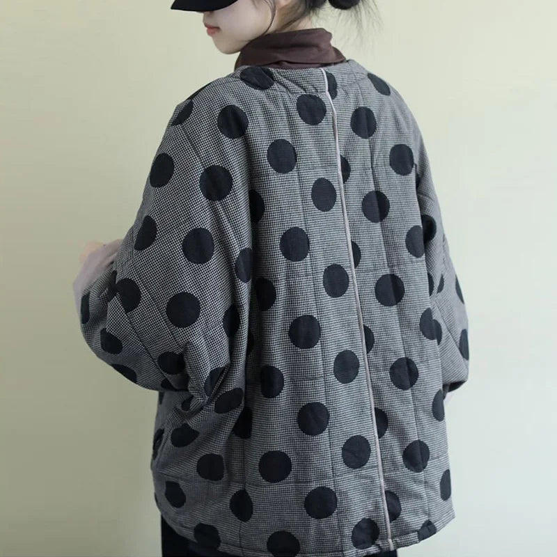 Johnature Women Polka Dot Parkas V-Neck Bat Sleeve