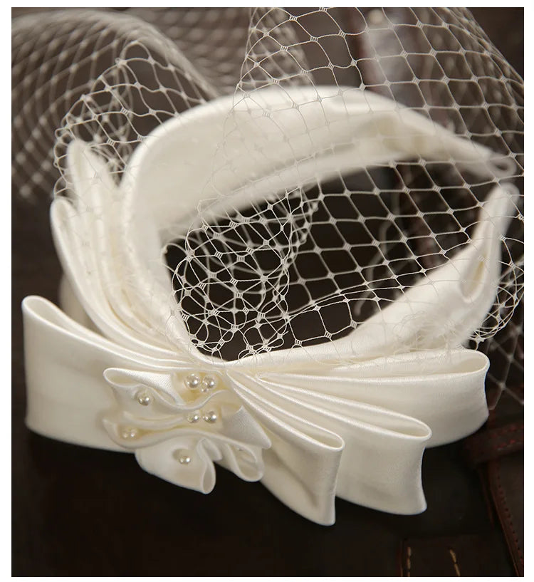 Vintage Champagne Mesh Bow Headband Bridal Headdress Wedding
