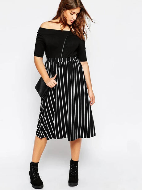 Plus High Elastic Waist Casual Striped Skirt Black