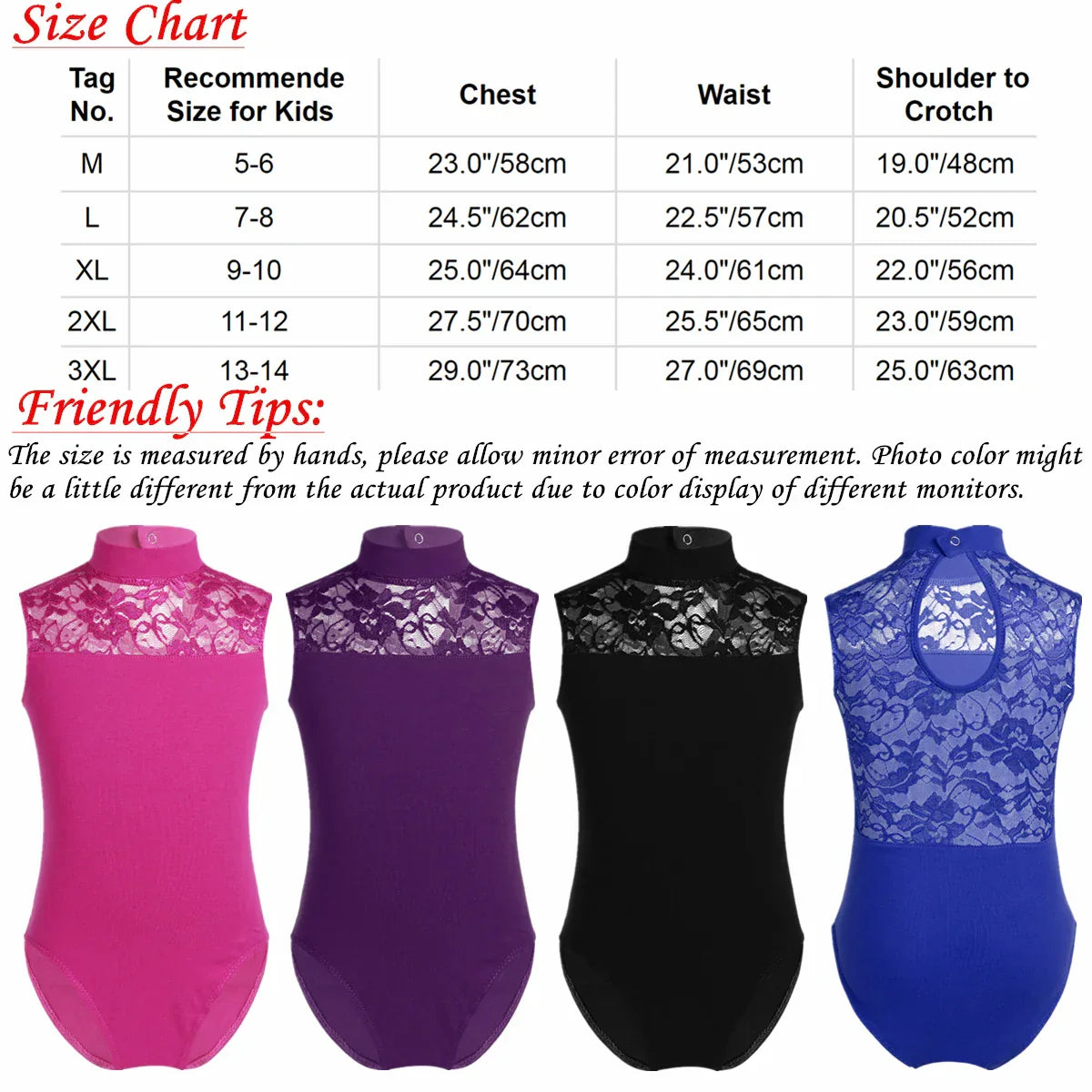 Kids Girls Ballet Leotard Sleeveless Turtle Neck Lace