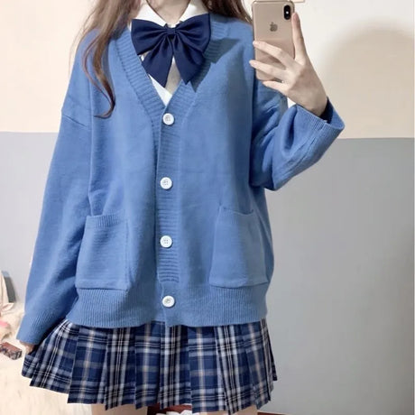 Japan School Sweater Spring Autumn V-Neck Cotton Knitted