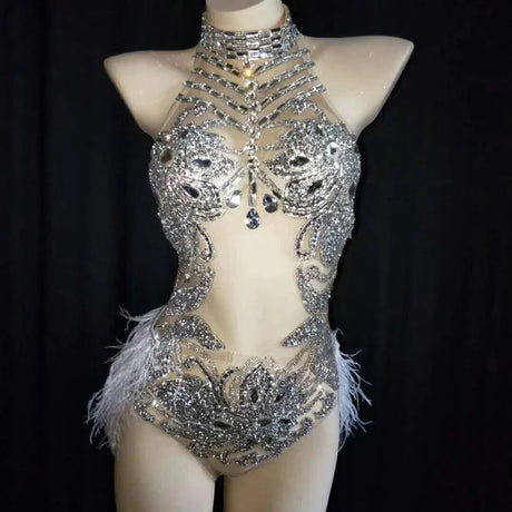 Sparkly Silver Crystals Mesh Bodysuit Women Feather Leotard