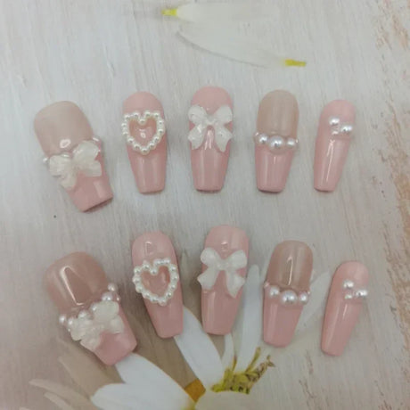 Handmade Custom Made False Nail Art With Pearls