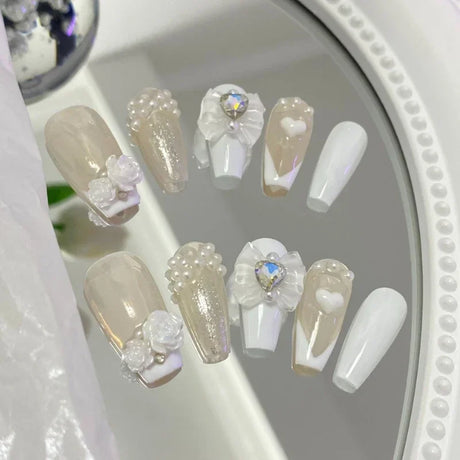 Handmade Custom Made False Nail Art With Pearls