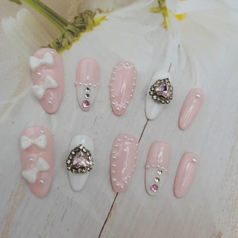 Handmade Custom Made False Nail Art With Pearls