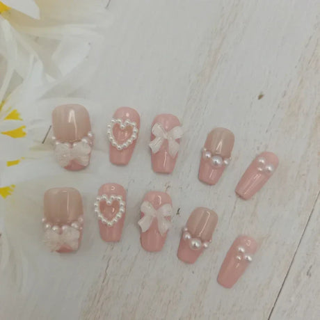 Handmade Custom Made False Nail Art With Pearls