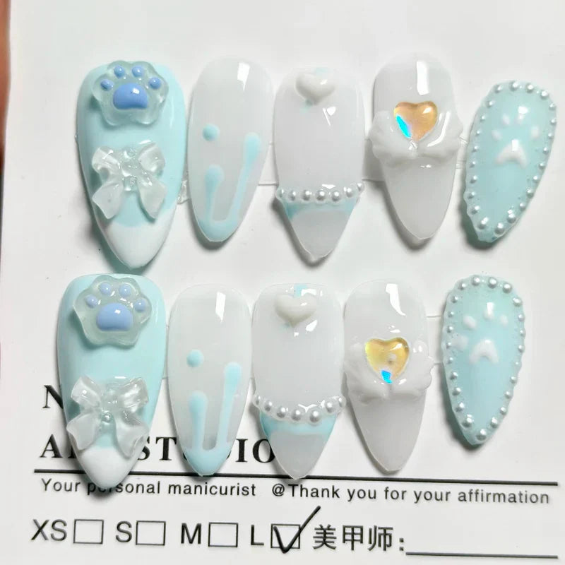 Handmade Custom Made False Nail Art With Pearls