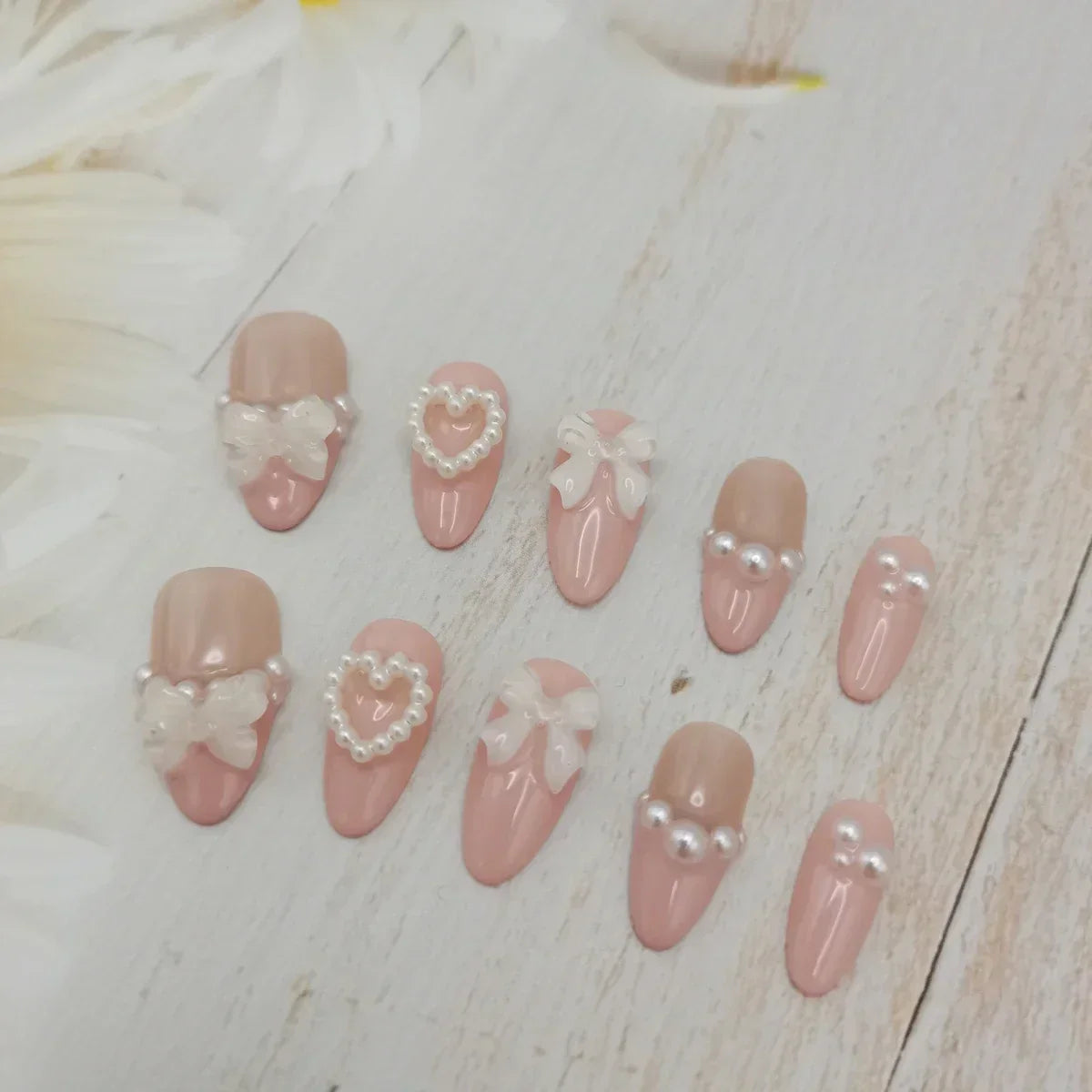 Handmade Custom Made False Nail Art With Pearls