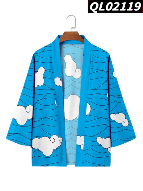 Japanese Style Clouds Print Blue Beach Yukata Women