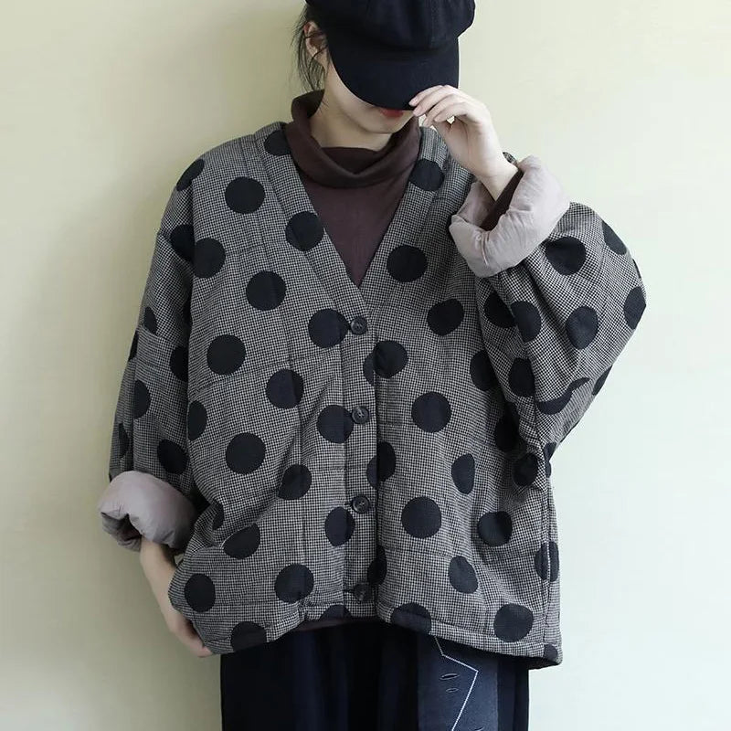 Johnature Women Polka Dot Parkas V-Neck Bat Sleeve