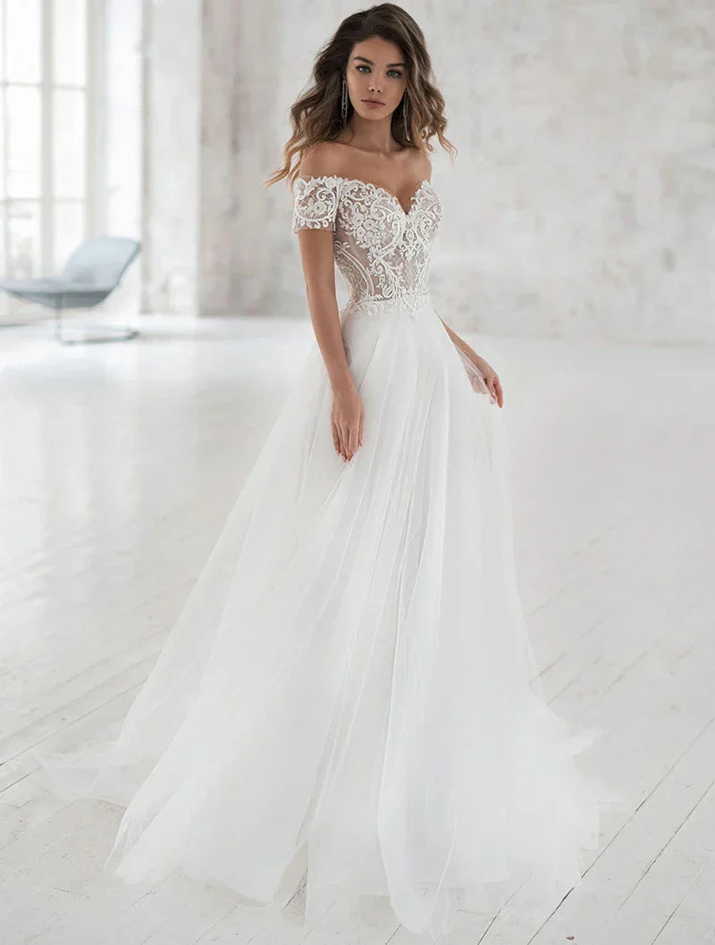 Boho Beach Wedding Dress Off The Shoulder V-Neck