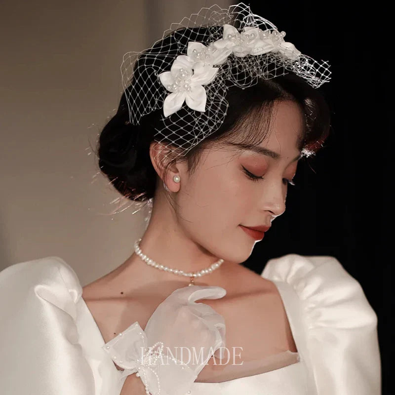 Vintage Champagne Mesh Bow Headband Bridal Headdress Wedding