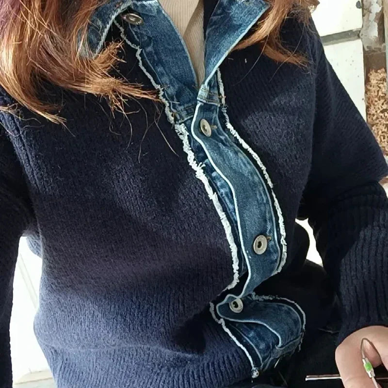 Korean Fashion Sweater Jacket Spring Autumn Denim Patchwork