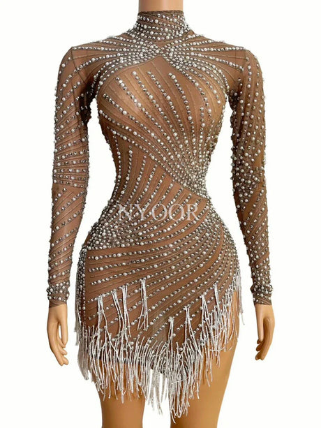 Sparkly Rhinestones Pearls White Fringe High Neck Mesh