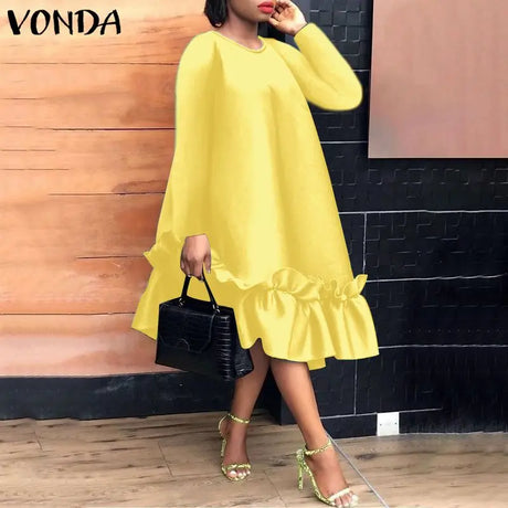 Women Dress Vonda Casual Solid Color Dresses Vintage