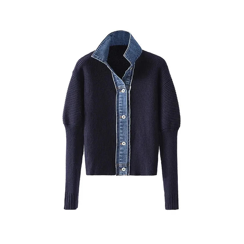 Korean Fashion Sweater Jacket Spring Autumn Denim Patchwork