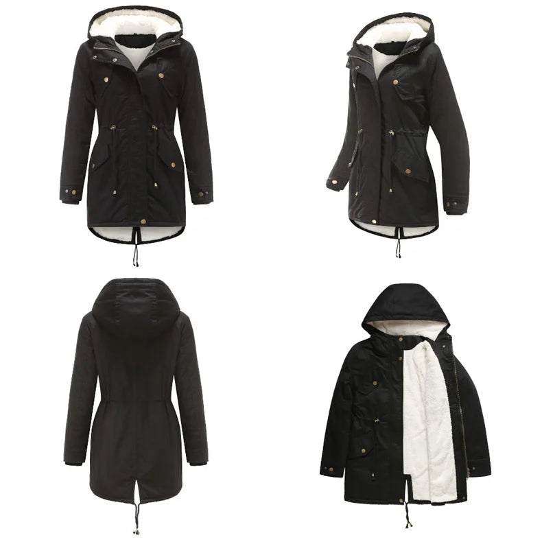 Quanss Winter Jacket Women Fashion Hooded Parkas Outwear