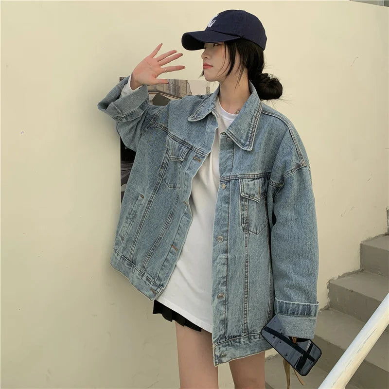 High Street Fashion Oversized Denim Jacket Women Korean