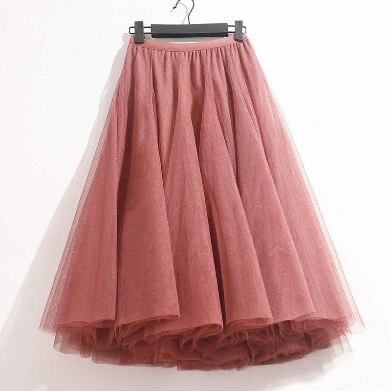 High Waist Solid Midi Pleated Tulle Skirt A-Line