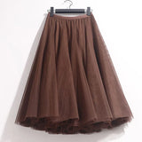 High Waist Solid Midi Pleated Tulle Skirt A-Line