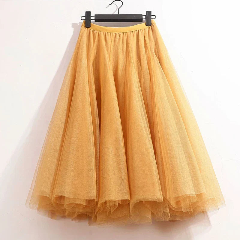 High Waist Solid Midi Pleated Tulle Skirt A-Line