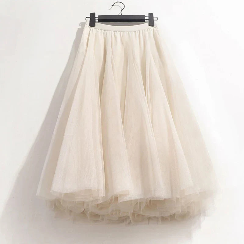 High Waist Solid Midi Pleated Tulle Skirt A-Line