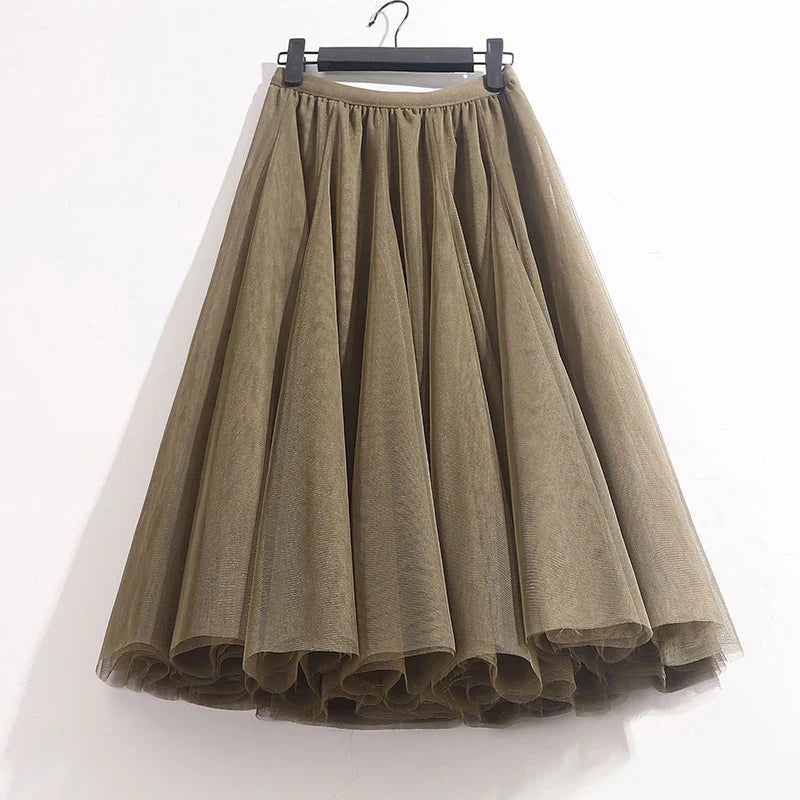 High Waist Solid Midi Pleated Tulle Skirt A-Line