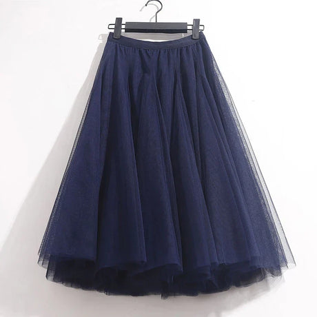 High Waist Solid Midi Pleated Tulle Skirt A-Line