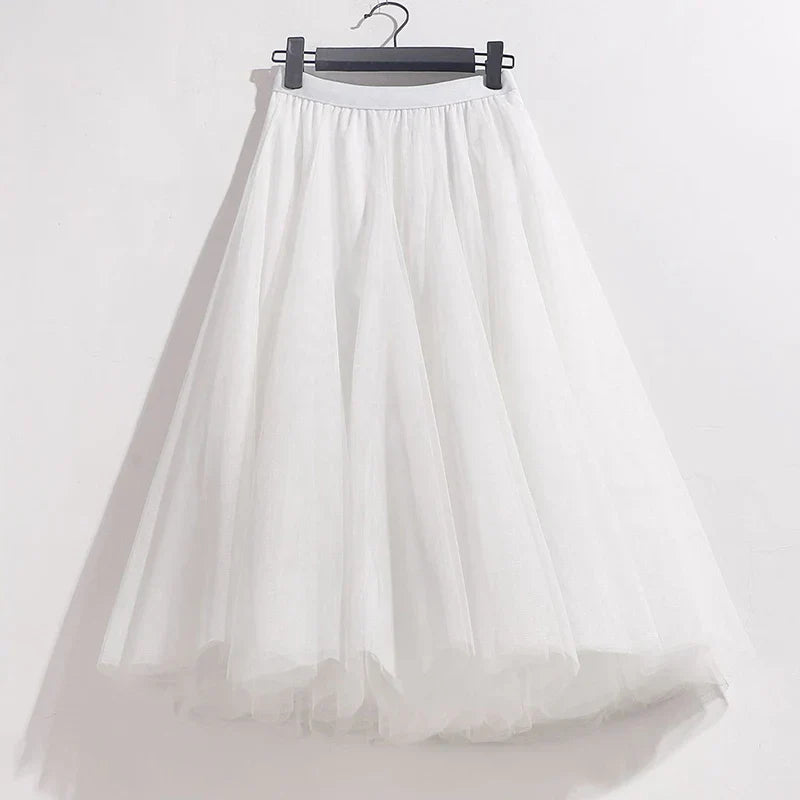 High Waist Solid Midi Pleated Tulle Skirt A-Line