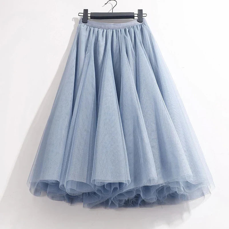 High Waist Solid Midi Pleated Tulle Skirt A-Line