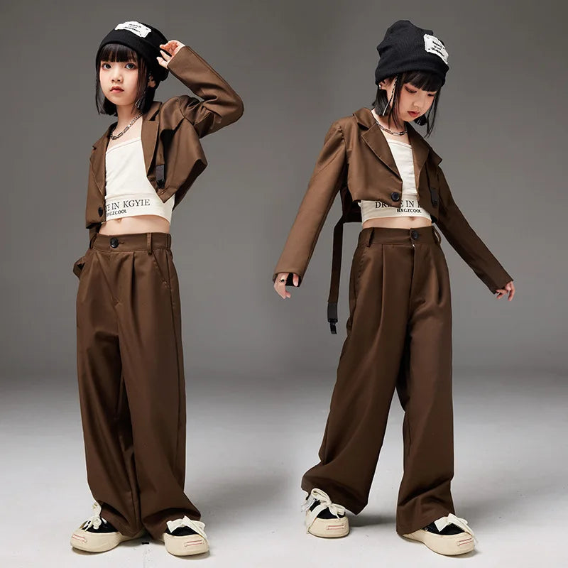 Hip Hop Outfits Girls Performance Wear Brown Blazer